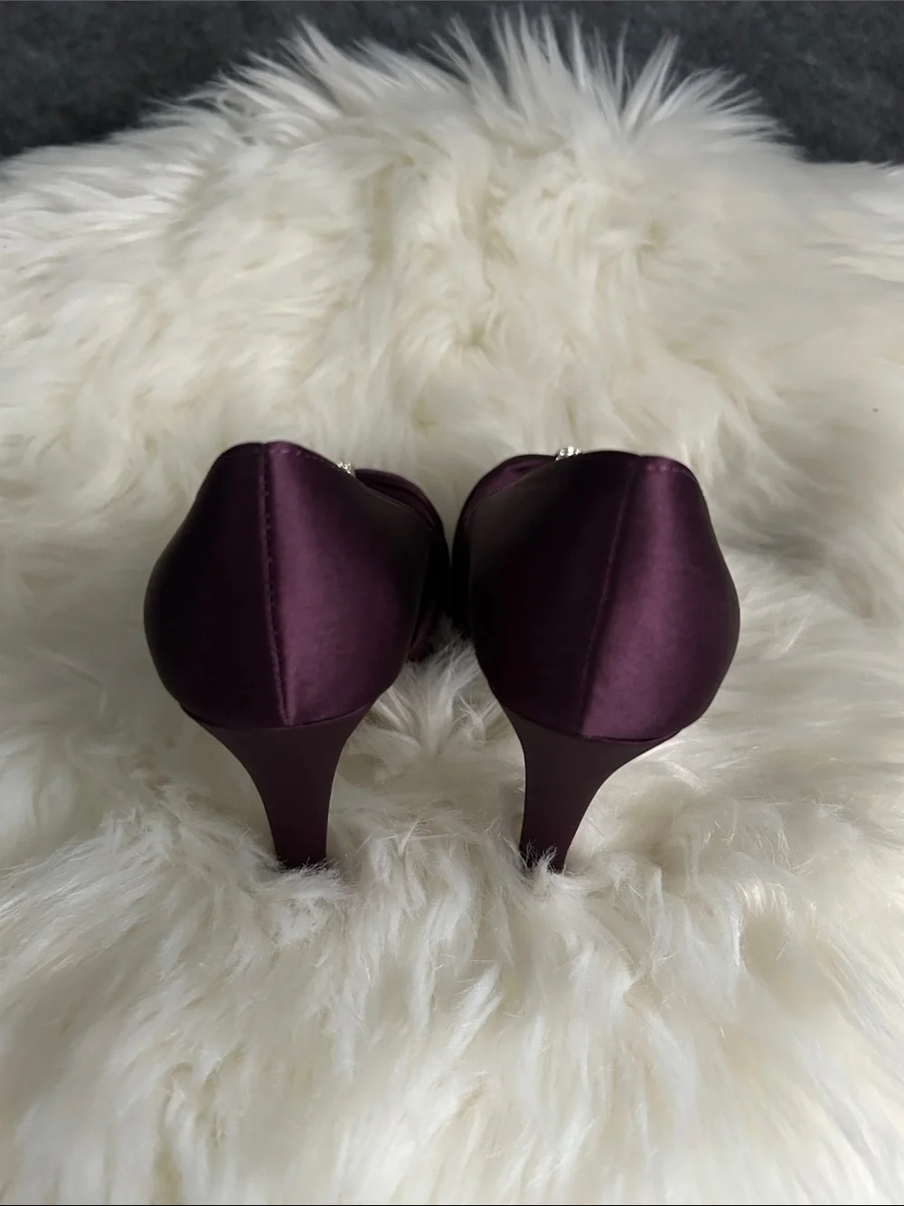 Michaelangelo Plum Satin Peep-Toe Heels with Crystal Bow
